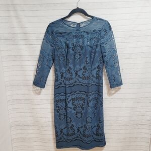 ADRIANNA PAPPELL PEACOCK TEAL LONG SLEEVE LACE DRESS, SZ 4